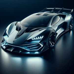 A highly detailed, realistic rendering of a sleek, futuristic Lamborghini supercar concept, featuring aerodynamic lines, LED lighting, and a bold, aggressive stance in a professional style