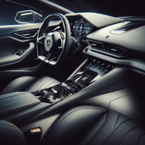 Een gedetailleerde close-up van een Lamborghini Huracán, met focus op het interieur en dashboard, in een professionele stijl