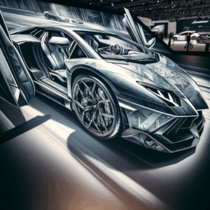 een gedetailleerde foto van een Lamborghini Aventador in een dynamische setting, met close-up op het interieur en exterieur in professionele stijl