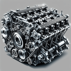 een professionele, gedetailleerde illustratie van een Lamborghini motorblok met high-tech componenten en engineeringdetails